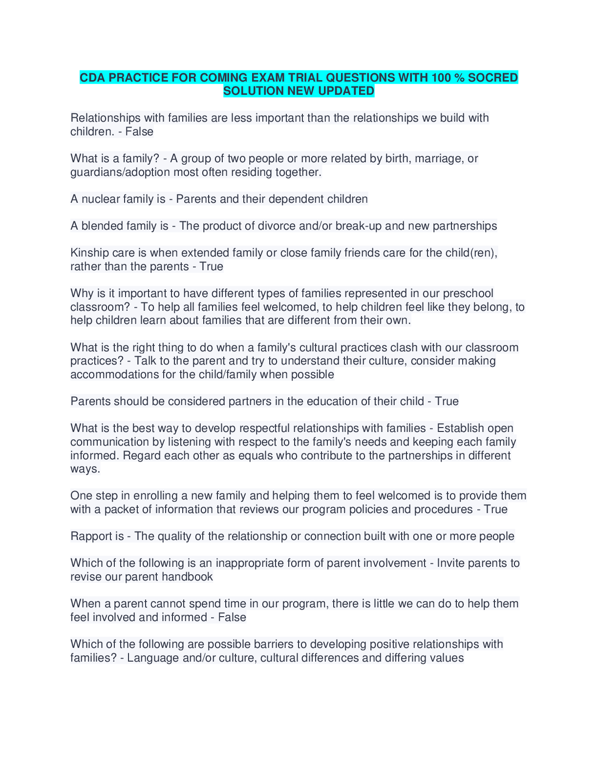 Quia Practice Test for CDA Candidates